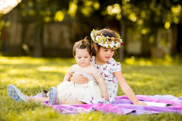 Kleines Mädchen und Baby, die im Gras sitzen