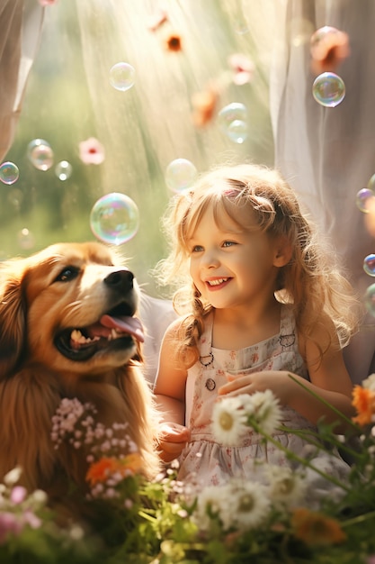 Kleines Mädchen und Hund erleben gemeinsam süße Abenteuer