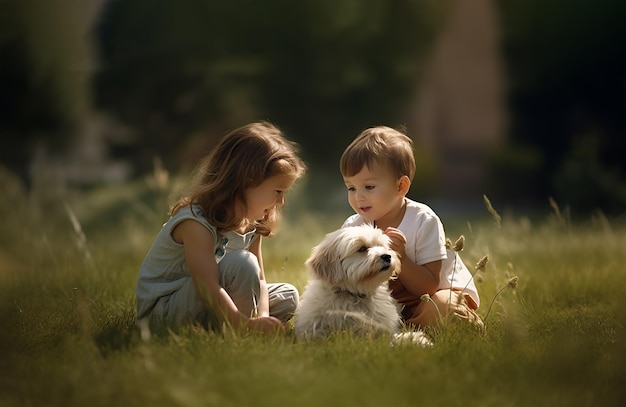 Foto kleines mädchen und junge spielen mit hund auf gras im parkweg im wald oder auf dem rasen im hinterhof. kinder haben spaß im freien mit ihrem hundefreund. welpe sitzt im boden. idyllische vorstadt-sommerzeit. freund von mensch und tier