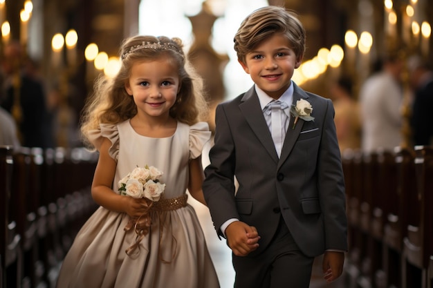 Kleines Mädchen und kleiner Junge mit Erstkommunionkleid in der Kirche