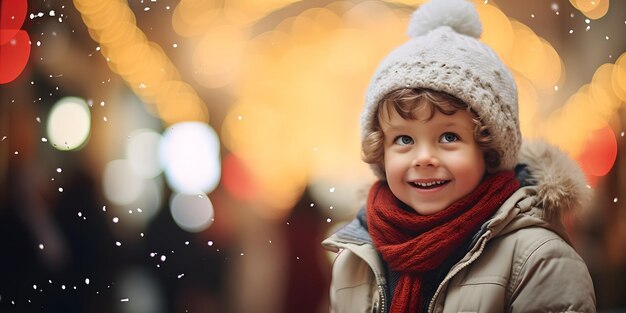 Foto kleines mädchen zu weihnachten, das nach den lichtern im outdoor-park schaut