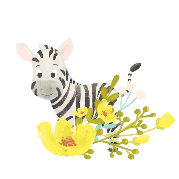 Kleines nettes Karikaturzebra in den Blumen