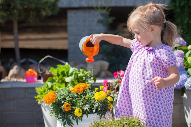 Kleines nettes Mädchen, das Blumen mit einer Gießkanne wässert