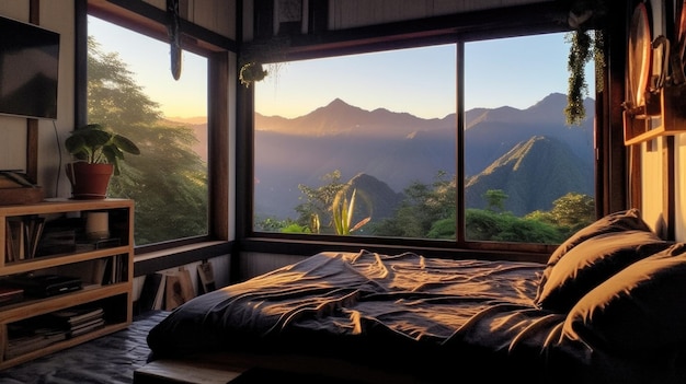 Kleines Schlafzimmer mit Bergblick unter Sonnenlicht Generative AI AIG27