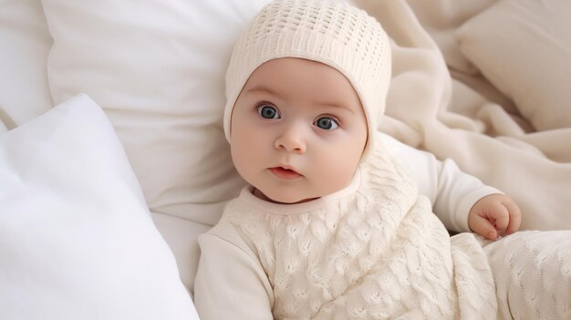 Kleines schönes Kind in beige Kleidung auf dem Bett