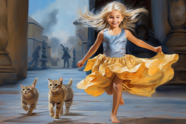Kleines schönes Mädchen in einem roten Kleid mit einem süßen Kätzchen