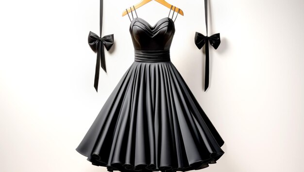 Kleines schwarzes Kleid hängt auf einem Kleidungsregal im Boho-Chic-Stil, klassisches kleines schwarze Kleid auf einem Hänger