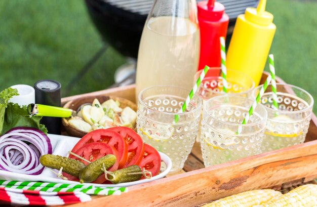 Kleines Sommerpicknick mit Limonade und Hamburgern im Park.