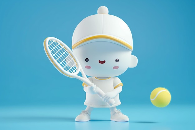 Kleines Spielzeug, das einen Tennisschläger neben einem Tennisball hält