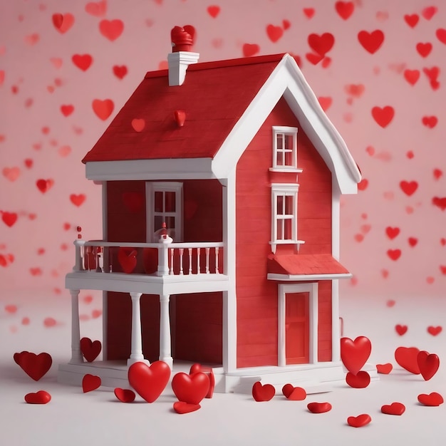 Kleines Spielzeughaus mit roten Herzen aus Pfeife auf rotem Hintergrund Konzept der Liebesfamilie