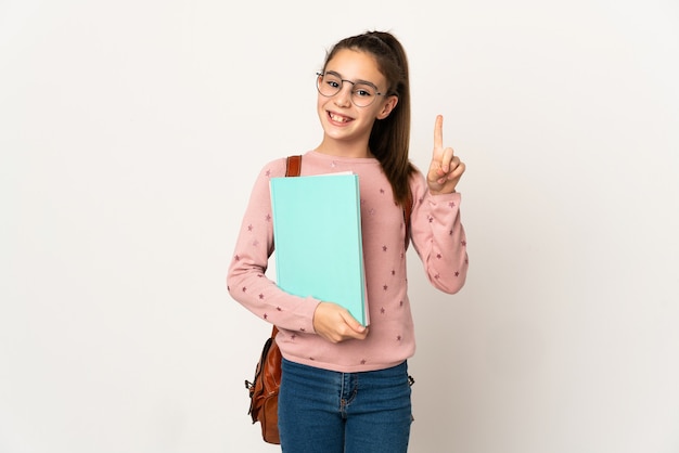 Kleines Studentenmädchen über isoliertem Hintergrund, das einen Finger im Zeichen des Besten zeigt und hebt