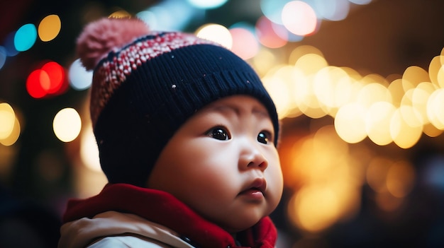 Kleines süßes asiatisches Baby auf dem Hintergrund von Weihnachten, verschwommene Lichter, die von der KI erzeugt wurden