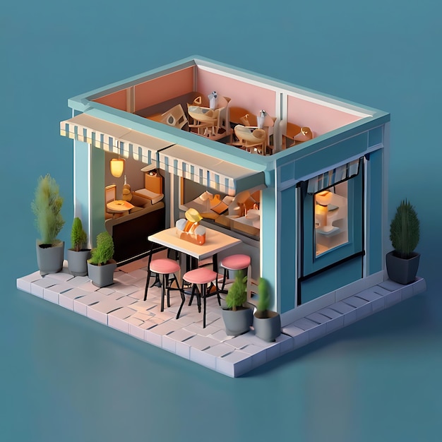 Kleines süßes isometrisches Restaurant mit weicher, glatter Beleuchtung, die von KI hervorgebracht wurde