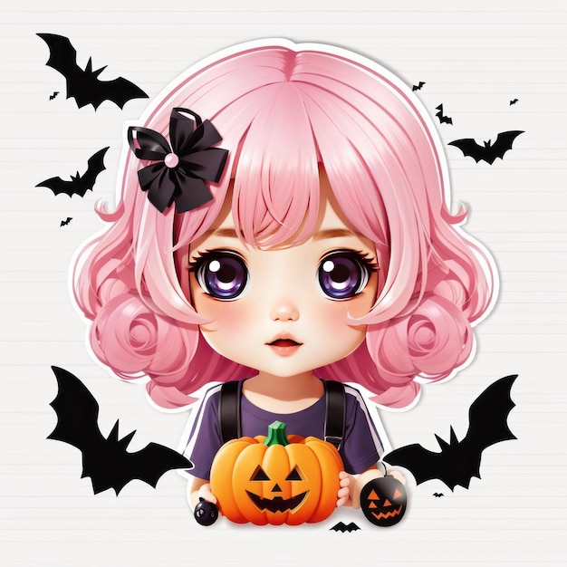 Kleines süßes Kawaii-Mädchen Halloween-T-Shirt Design Illustration Aufkleber weißer Hintergrund rosa Haare inv