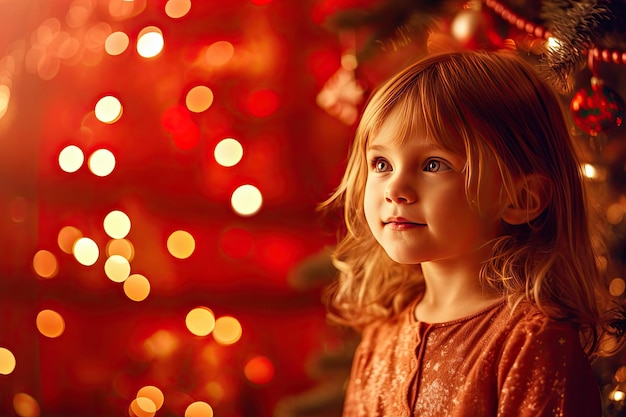 Kleines süßes lächelndes Mädchen in der Nähe eines geschmückten Weihnachtsbaums vor dem Hintergrund heller festlicher Lichter