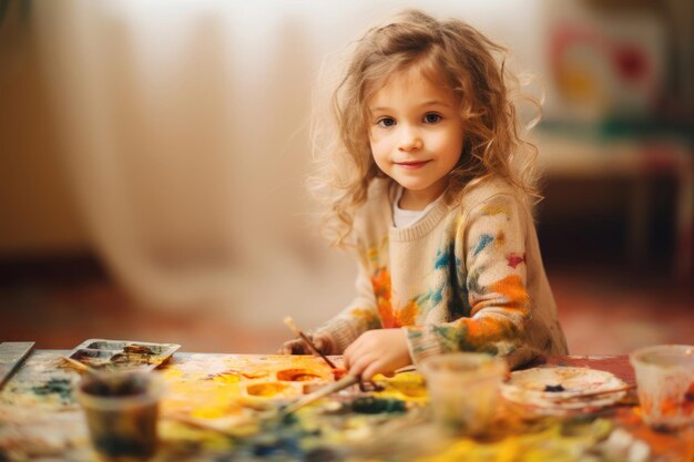 Kleines süßes Mädchen spielt mit Farben