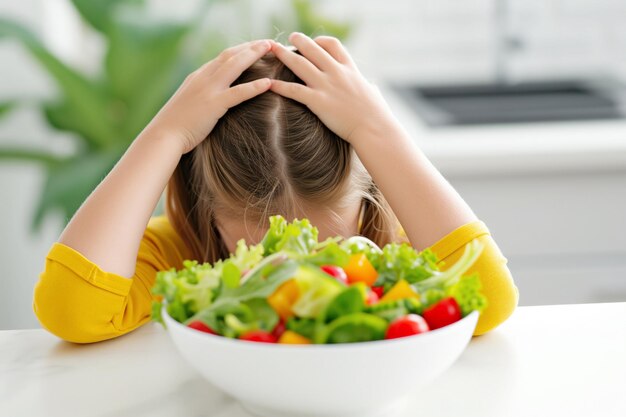 Kleines unglückliches Mädchen, das sich weigert, frischen Gemüsesalat in der Küche zu essen