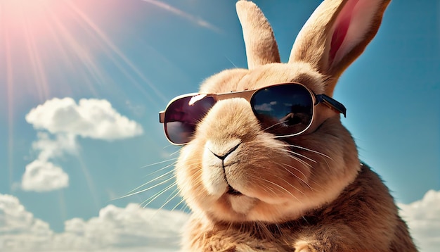 kleines weißes Kaninchen mit Sonnenbrille steht an einem Sandstrand