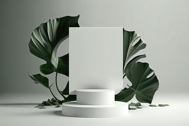 Kleines weißes Podium mit Pflanzen Minimalistisches und zeitgenössisches Design, perfekt für die Präsentation kleiner Objekte oder Produkte mit einem Hauch von natürlichen Elementen Generative KI