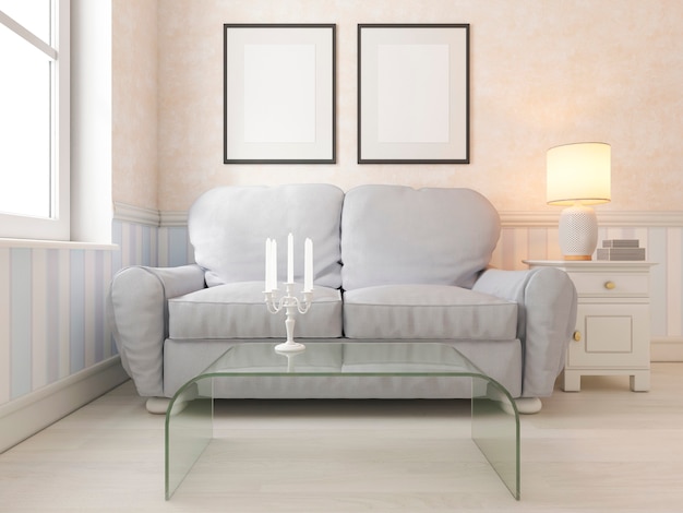 Kleines Wohnzimmer zum Entspannen mit Sofa und Fernseher. 3D-Rendering.