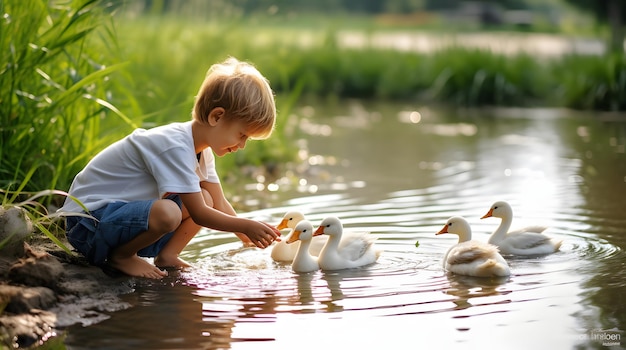 Foto kleinkind füttert eine kleine herde enten an einem teich