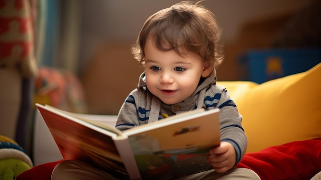 Kleinkind liest ein Bilderbuch, Bildung und Alphabetisierung, Kind, das eine Geschichte liest