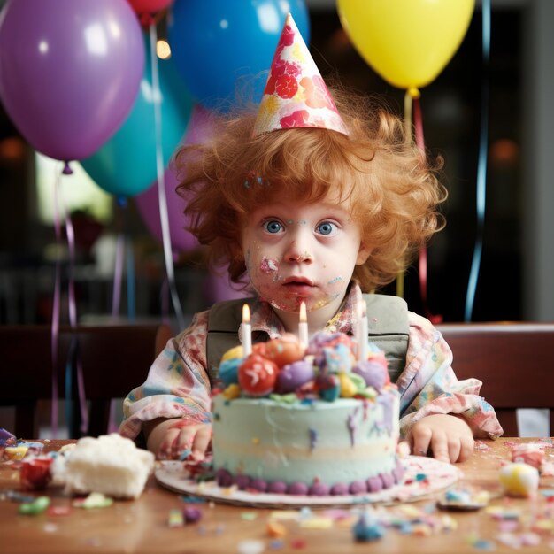 Foto kleinkind mit roten haaren und blauen augen feiert geburtstag