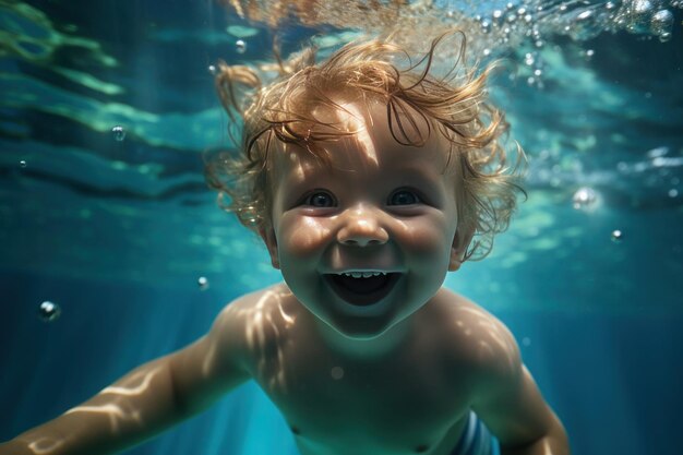 Kleinkind schwimmt unter Wasser in einem Pool, umgeben von verspielten Luftblasen