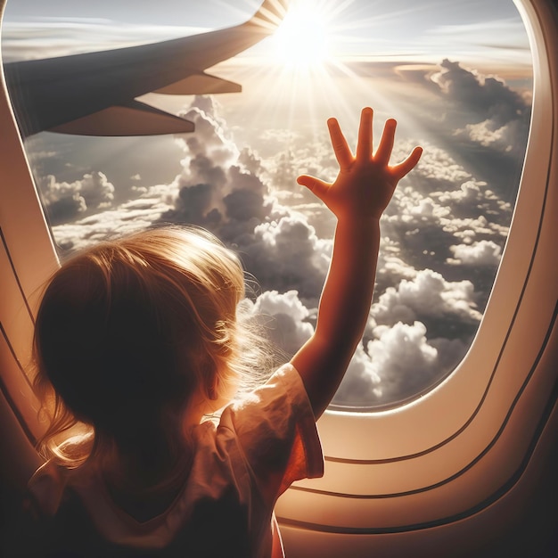 Kleinkind streckt die Hand zum Himmel, was Neugier und Wunder während eines Flugzeugs mit Wolken bedeutet