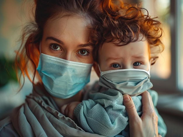 Foto kleinkind und mutter tragen während der covid-19-pandemie chirurgische masken