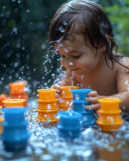 Foto kleinkinder spielen mit einem wasserbrett, der im hintergrund spritzt