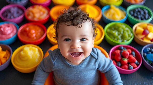 Kleinkindjunge lacht vor bunten Schüsseln, Kindergesundheit