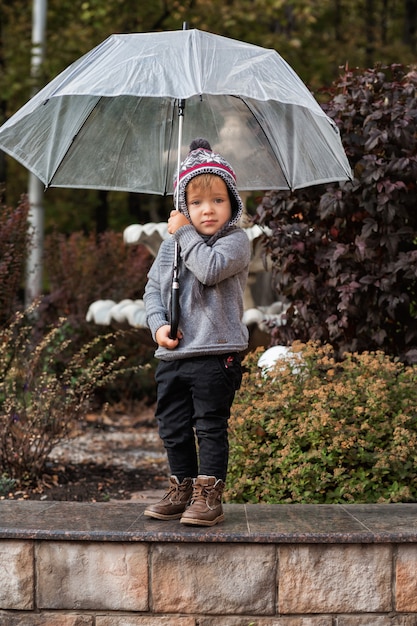 Kleinkindjunge mit Regenschirm im Herbstpark.