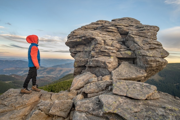 Kleinkindjungenwanderer, der in den Bergen steht, die Ansicht der erstaunlichen Berglandschaft genießen