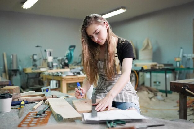 Kleinunternehmen einer jungen Frau Schöne junge Arbeitnehmerin in einem Möbelwerkraum, der Holz misst