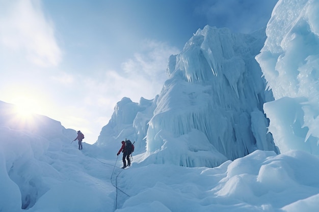 Kletterer erklimmen einen steilen Eisfall mit Eispickeln a 00589 02