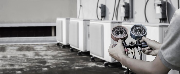 Klimaanlagentechniker repariert zentrale Klimaanlage mit Outdoor-Werkzeugen.