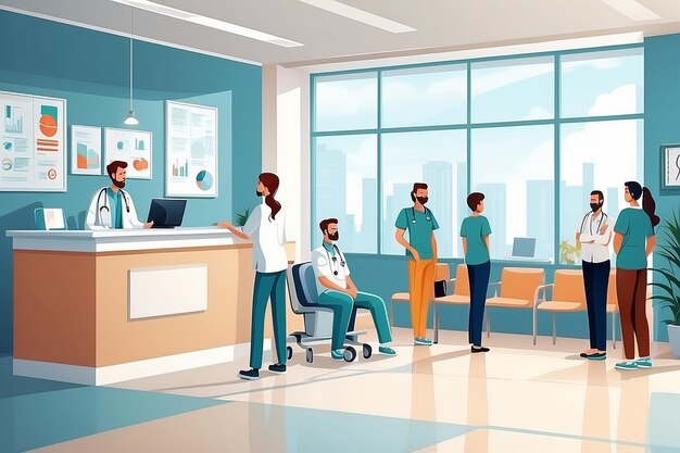 Foto klinikempfang krankenhauspatienten arzt wartezimmer und menschen warten ärzte medizinische versorgung medizinische verwaltung innenraum klinik rezeptionist oder krankenhausaufenthalt cartoon vektor-illustration