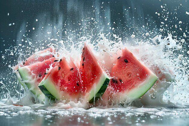 Foto klitzerte wassermelone und fließende weiße flüssigkeit