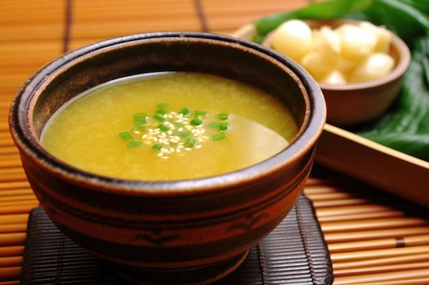Knoblauch-Detox-Suppe in einer orientalischen Schüssel auf einer Bambusmatte