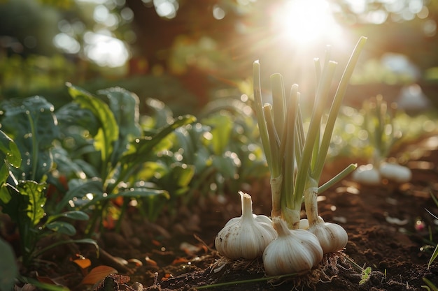 Knoblauch im Gemüsegarten Das Konzept der Frühlings- oder Herbstgärtenarbeit