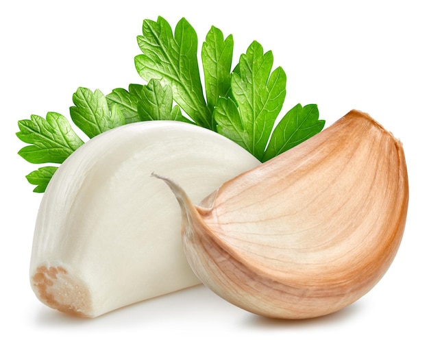 Knoblauch isoliert auf weißem Hintergrund Knoblauch-Beschneidungspfad Knoblauch mit Blättern