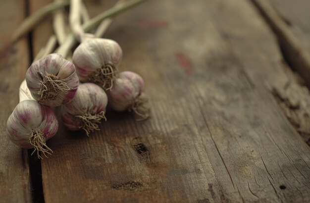 Foto knoblauch wächst von einem holztisch