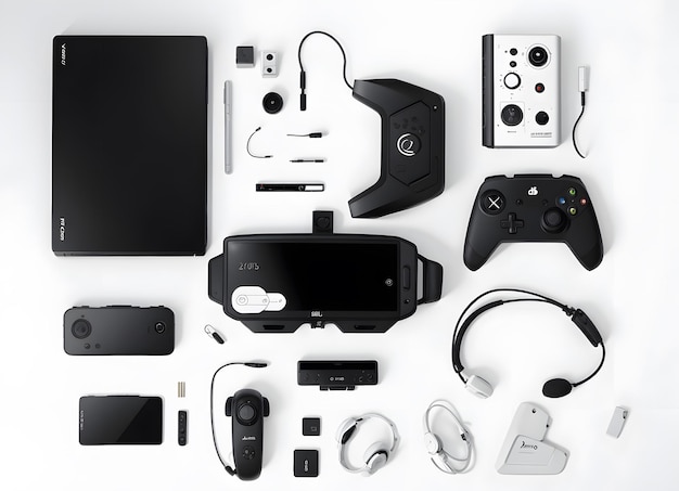 Knolling-Stil-Aufnahme von Videospiel-Gadgets auf weißem Hintergrund