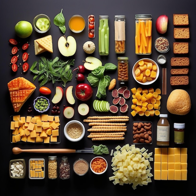 Knolling-Zusammensetzung aus frischem Gemüse und Obst. Gesunde natürliche Bio-Lebensmittel. Generative KI