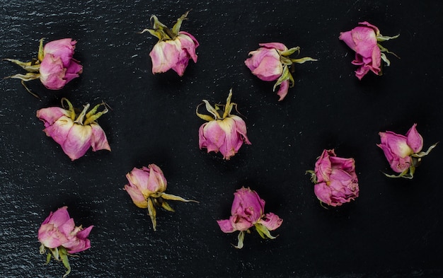 Knospen von rosa verblassten trockenen Rosen