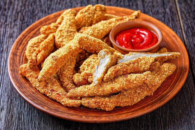 Knusprig gebackene Hühnchen-Tender auf einem Teller