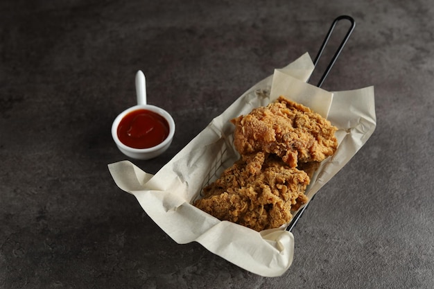 knusprig gebratenes Hähnchen mit Tomatensauce mit schwarzem Hintergrund