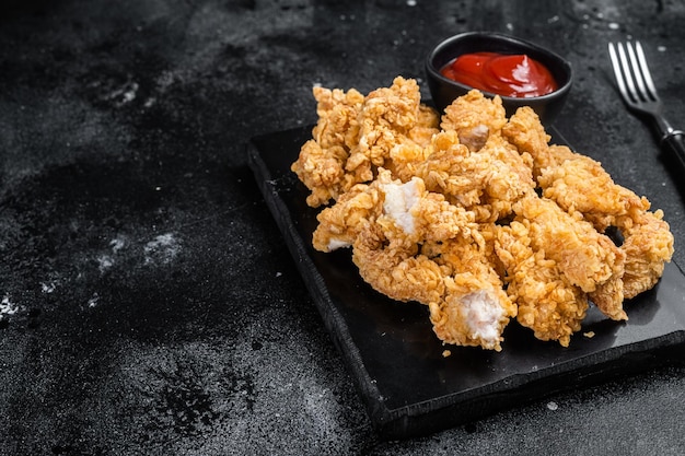 Knusprig gebratenes Paniermehl bedecktes Hühnerpopcorn mit Ketchup Schwarzer Hintergrund Ansicht von oben Kopieren Sie Platz