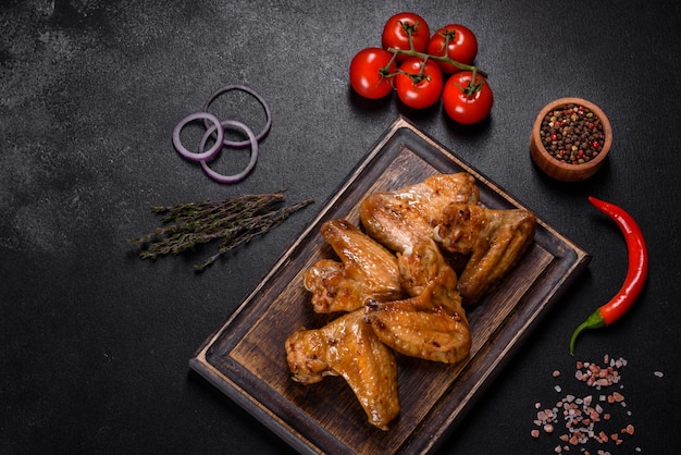 Knusprige Barbecue Chicken Wings mit Gemüse und Gewürzen auf schwarzem Hintergrund